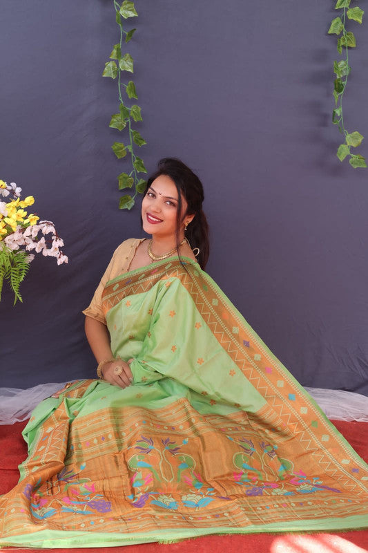 Pure Silk Yeola Handloom Light Green Paithani Weave with Golden Border and  30 Peacocks Pallu