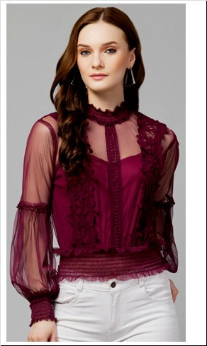 Puff Sleeve Wine Embellished Net Fabric Womens Top Free Size Up to 38inch