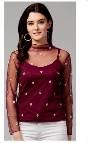 Wine Color Embroidered Net Fabric Top