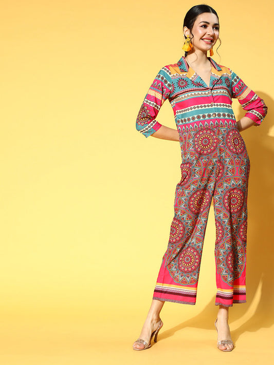 Multi Coloured Premium Crepe with Printed Shirt collar 3/4 Sleeves Women Designer Digital Print Trendy Jumpsuit!!