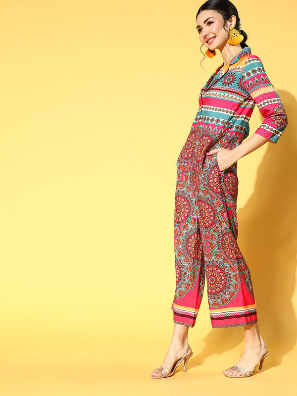 Multi Coloured Premium Crepe with Printed Shirt collar 3/4 Sleeves Women Designer Digital Print Trendy Jumpsuit!!