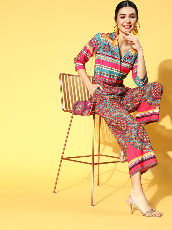 Multi Coloured Premium Crepe with Printed Shirt collar 3/4 Sleeves Women Designer Digital Print Trendy Jumpsuit!!