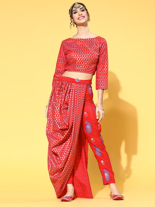 Red Coloured Premium Rayon with Motif foil print boat neck 3/4 sleeve Women Designer Party wear Kurti with Pant & flared skirt!!