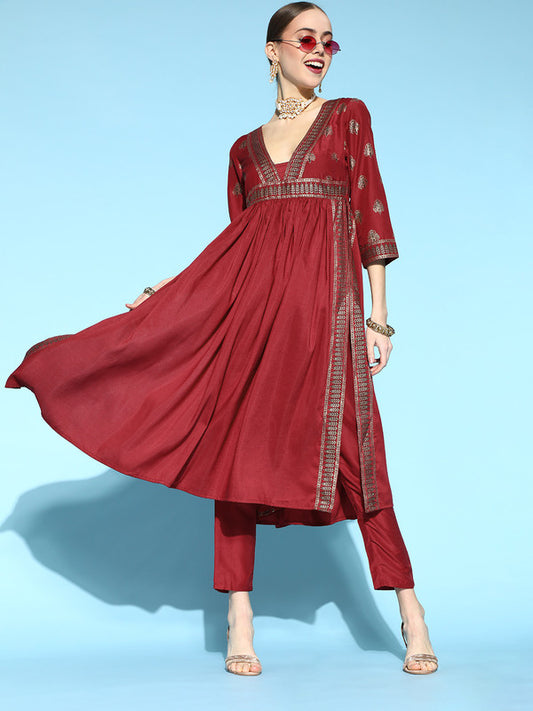 Maroon Coloured Premium Chinon with foil print high slit and plunge neck Women Designer Party wear Flared Kurti with Pant!!