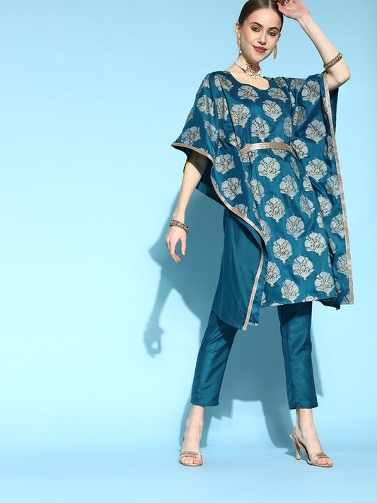 Teal Blue Coloured Premium Chinon with foil print Round neck Women Designer Party wear Kaftan Style Kurti with Pant!!