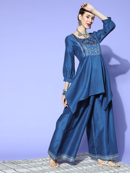 Blue Coloured Premium Chinon with round neck puffed 3/4 sleeves Women Designer Party wear A Line Kurti with Palazzo!!