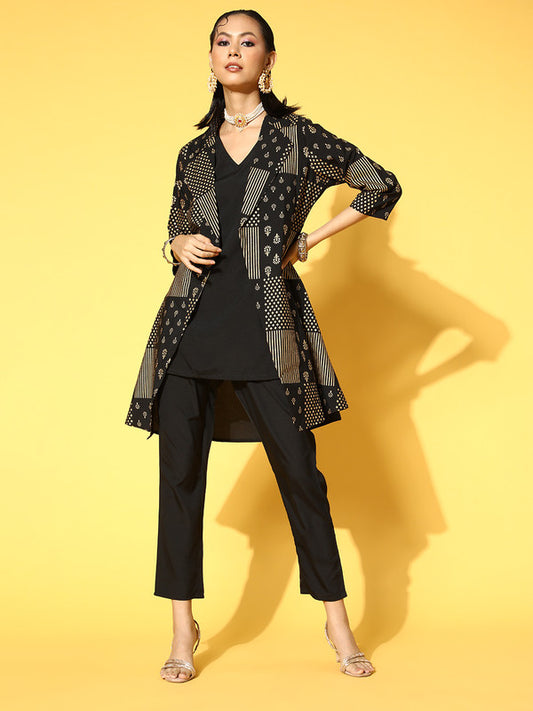 Black Coloured Premium Chinon with foil printed V neck 3/4 sleeve Women Designer Party wear Straight Kurti & Pant!!