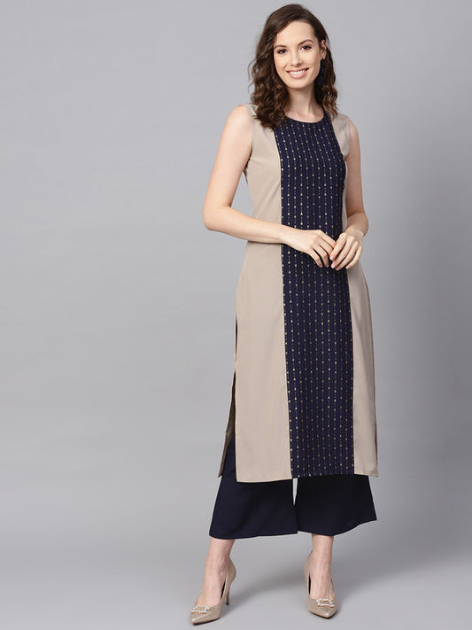 Beige & Navy Blue Coloured Premium Crep with Round Neck Sleeveless Women Designer Casual/Daily wear Straight Cut Kurti!!