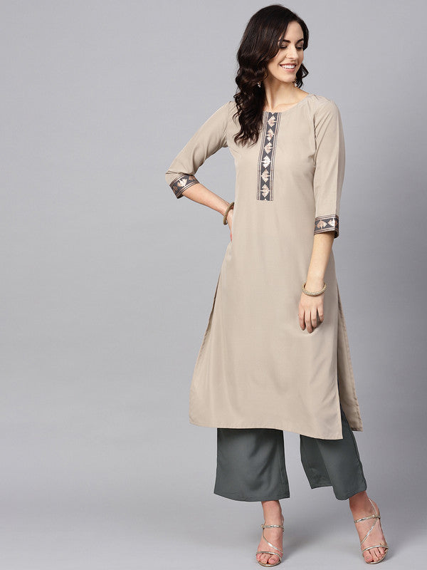 Beige Coloured Premium Crep with Round Neck 3/4 Sleeves Women Designer Casual/Daily wear Straight Cut Kurti!!