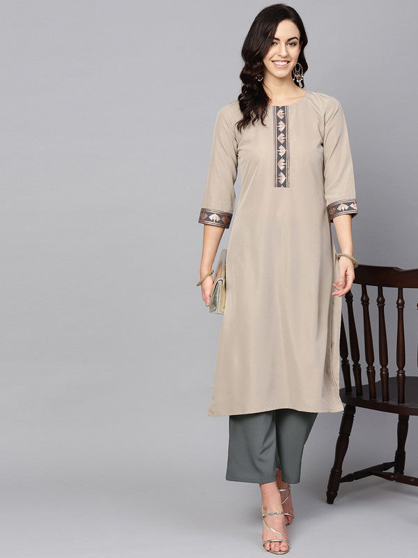 Beige Coloured Premium Crep with Round Neck 3/4 Sleeves Women Designer Casual/Daily wear Straight Cut Kurti!!