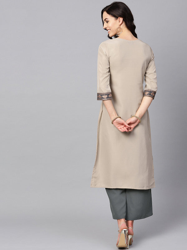 Beige Coloured Premium Crep with Round Neck 3/4 Sleeves Women Designer Casual/Daily wear Straight Cut Kurti!!