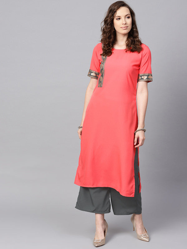 Peach Coloured Premium Crep with Round Neck Half sleeves Women Designer Casual/Daily wear Straight Cut Kurti!!