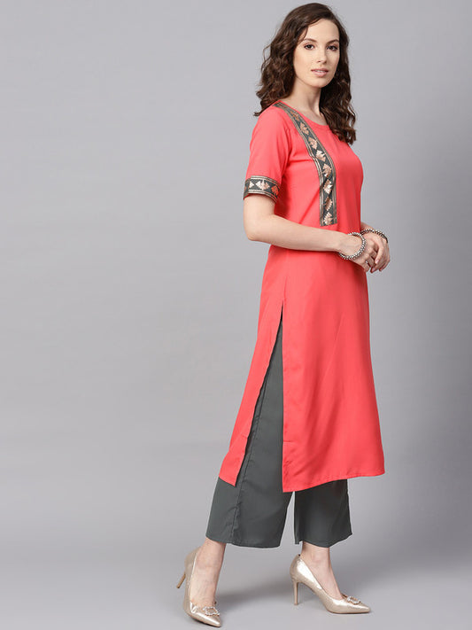 Peach Coloured Premium Crep with Round Neck Half sleeves Women Designer Casual/Daily wear Straight Cut Kurti!!