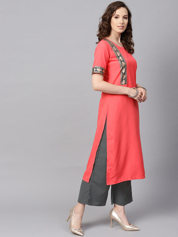 Peach Coloured Premium Crep with Round Neck Half sleeves Women Designer Casual/Daily wear Straight Cut Kurti with Palazzo!!