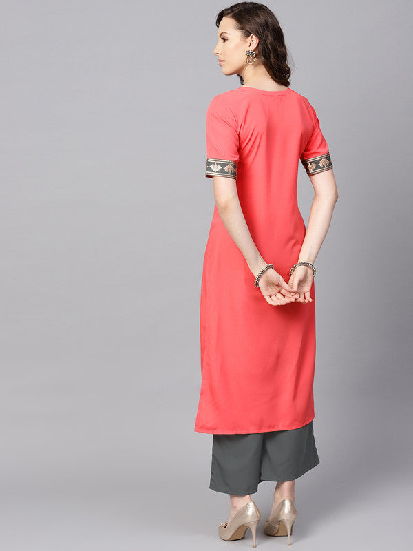 Peach Coloured Premium Crep with Round Neck Half sleeves Women Designer Casual/Daily wear Straight Cut Kurti!!