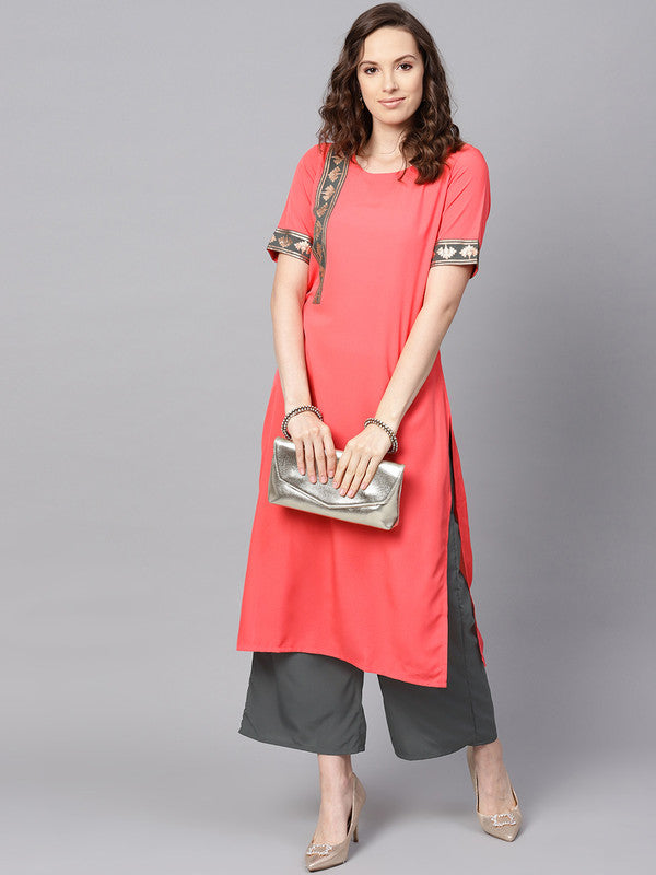 Peach Coloured Premium Crep with Round Neck Half sleeves Women Designer Casual/Daily wear Straight Cut Kurti!!