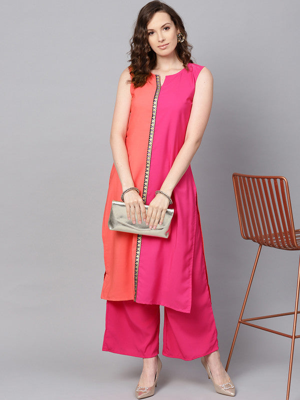 Pink Coloured Premium Crep with Round Neck Sleeveless Women Designer Casual/Daily wear Straight Cut Kurti with Palazzo!!