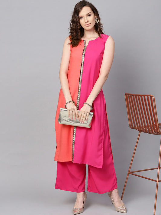 Pink Coloured Premium Crep with Round Neck Sleeveless Women Designer Casual/Daily wear Straight Cut Kurti with Palazzo!!