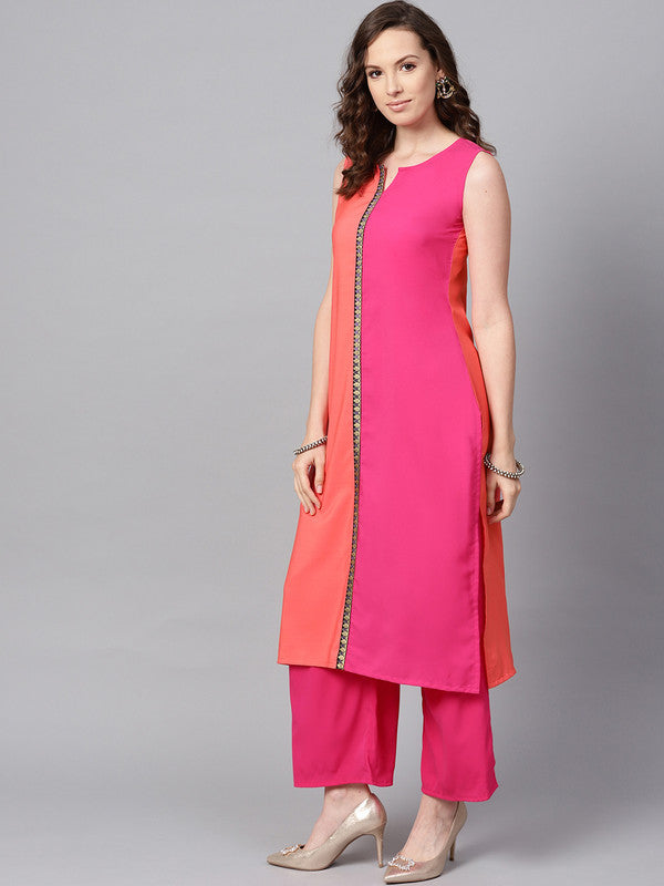 Pink Coloured Premium Crep with Round Neck Sleeveless Women Designer Casual/Daily wear Straight Cut Kurti with Palazzo!!