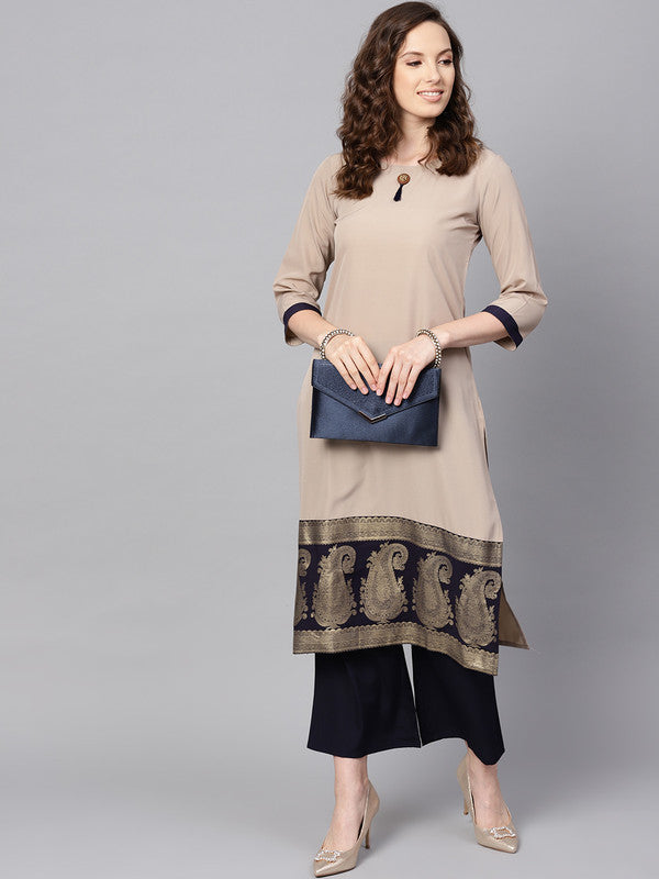 Beige Coloured Premium Crep with Round Neck 3/4 Sleeves Women Designer Casual/Daily wear Straight Cut Kurti with Palazzo!!