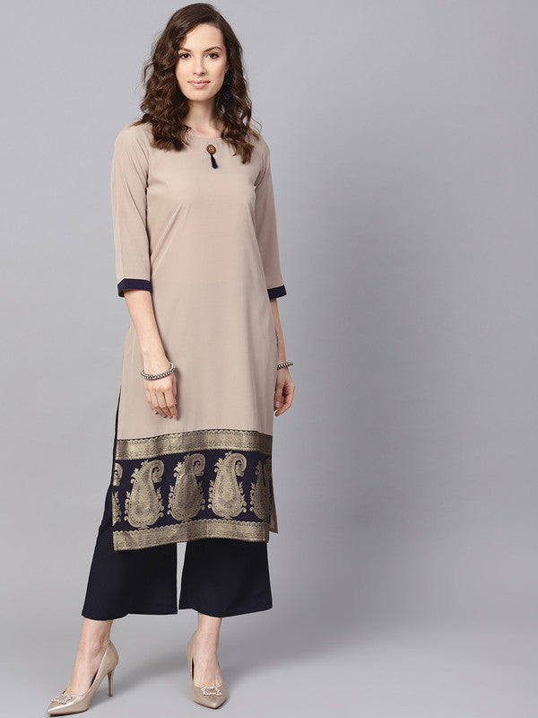 Beige Coloured Premium Crep with Round Neck 3/4 Sleeves Women Designer Casual/Daily wear Straight Cut Kurti with Palazzo!!