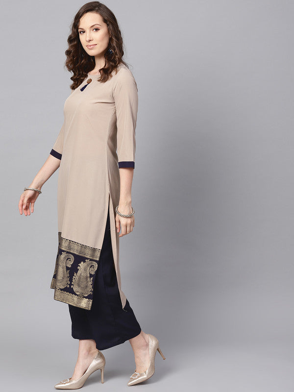 Beige Coloured Premium Crep with Round Neck 3/4 Sleeves Women Designer Casual/Daily wear Straight Cut Kurti with Palazzo!!