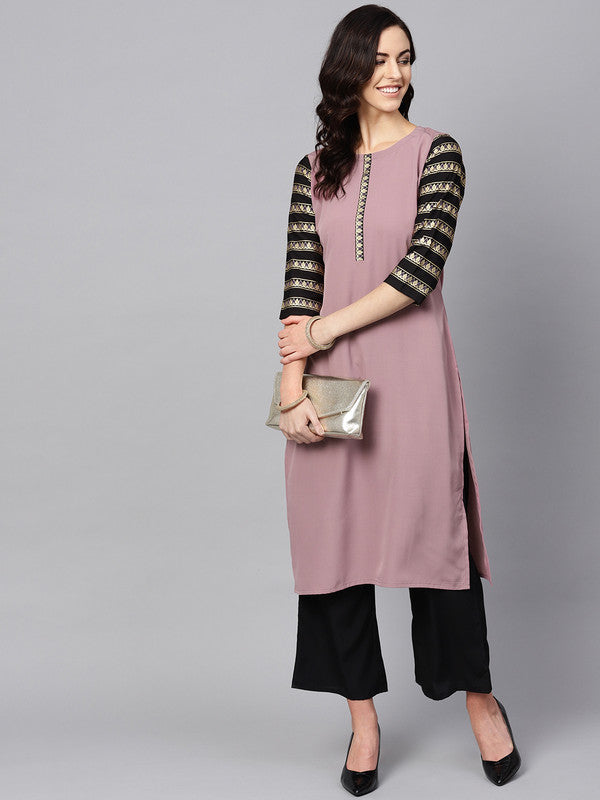 Purple Coloured Premium Crep with Round Neck Half Sleeves Women Designer Casual/Daily wear Straight Cut Kurti!!