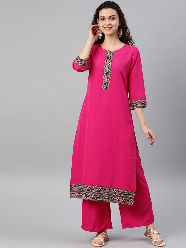 Pink Coloured Premium Crep with Round Neck 3/4 Sleeves Women Designer Casual/Daily wear Straight Cut Kurti!!