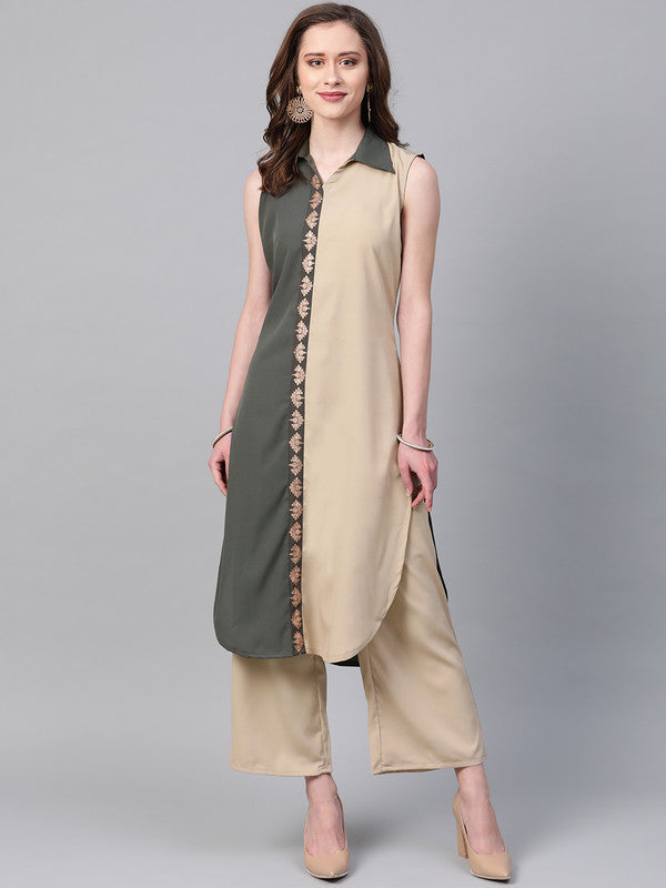 Grey & Beige Coloured Premium Crep with Shirt Collar sleeveless Women Designer Casual/Daily wear Straight Cut Kurti!!