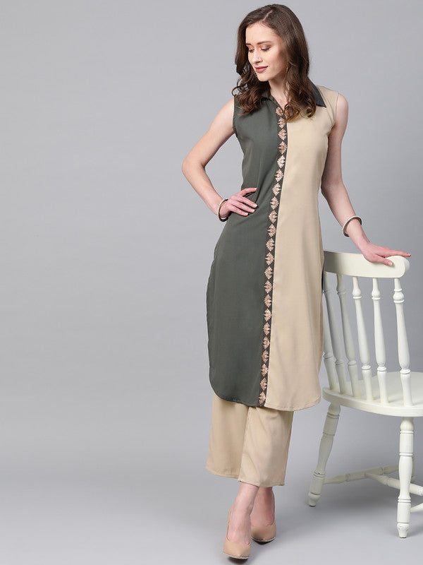 Grey & Beige Coloured Premium Crep with Shirt Collar sleeveless Women Designer Casual/Daily wear Straight Cut Kurti!!