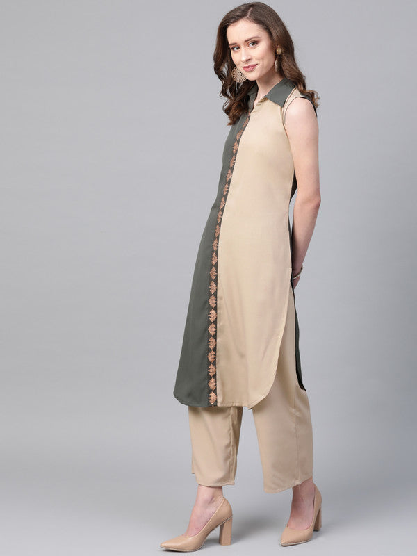 Grey & Beige Coloured Premium Crep with Shirt Collar sleeveless Women Designer Casual/Daily wear Straight Cut Kurti!!