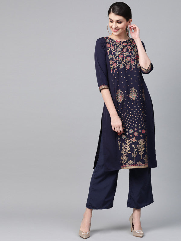 Navy Blue & Multi Coloured Premium Crep with Round Neck 3/4 sleeves Women Designer Casual/Daily wear Straight Cut Kurti!!