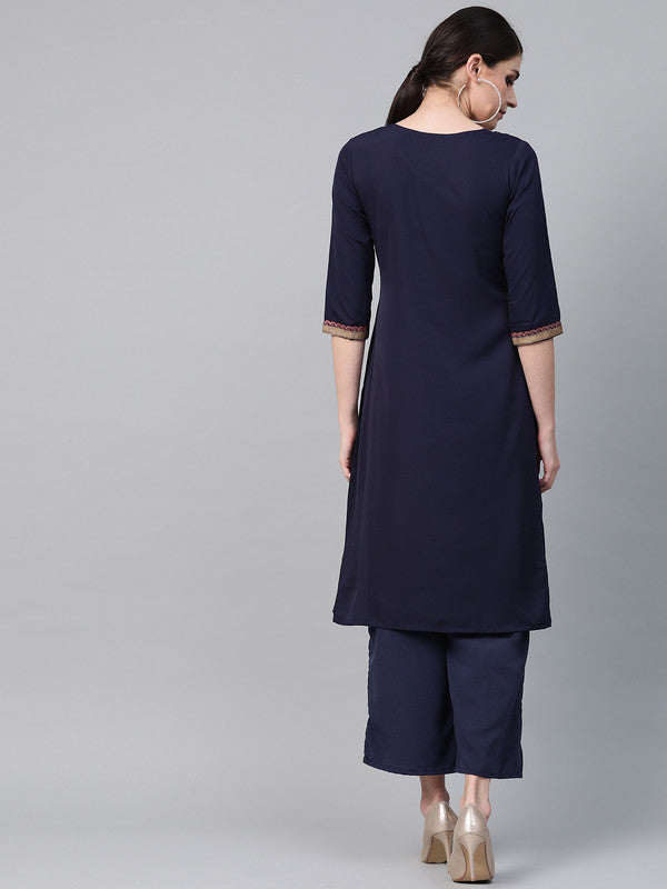 Navy Blue & Multi Coloured Premium Crep with Round Neck 3/4 sleeves Women Designer Casual/Daily wear Straight Cut Kurti!!