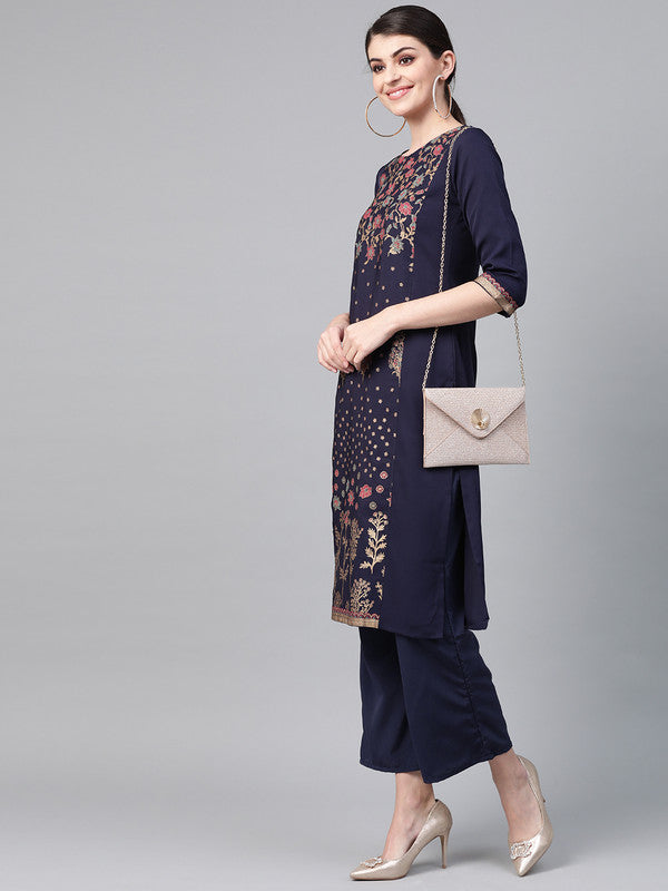 Navy Blue & Multi Coloured Premium Crep with Round Neck 3/4 sleeves Women Designer Casual/Daily wear Straight Cut Kurti!!