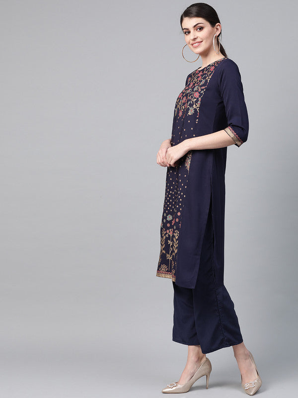 Navy Blue & Multi Coloured Premium Crep with Round Neck 3/4 sleeves Women Designer Casual/Daily wear Straight Cut Kurti!!