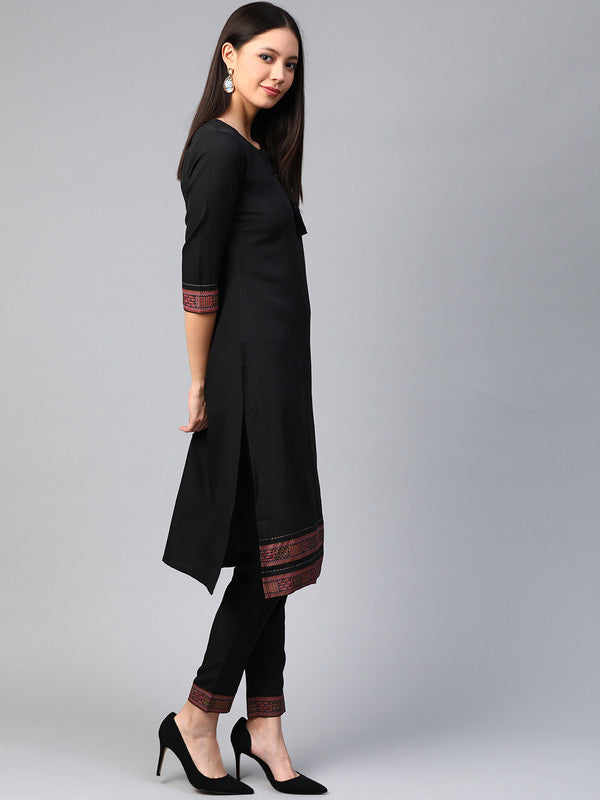 Black Coloured Premium Crep with Key Hole Neck Dori Tassel 3/4 Sleeves Geometrical Gold Border Women Designer Casual/Daily wear Straight Cut Kurti!!