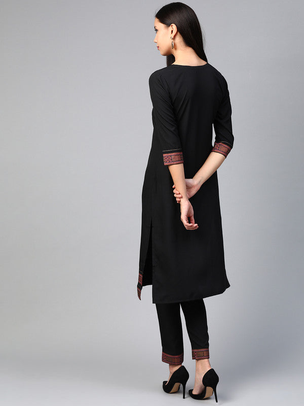 Black Coloured Premium Crep with Key Hole Neck Dori Tassel 3/4 Sleeves Geometrical Gold Border Women Designer Casual/Daily wear Straight Cut Kurti!!