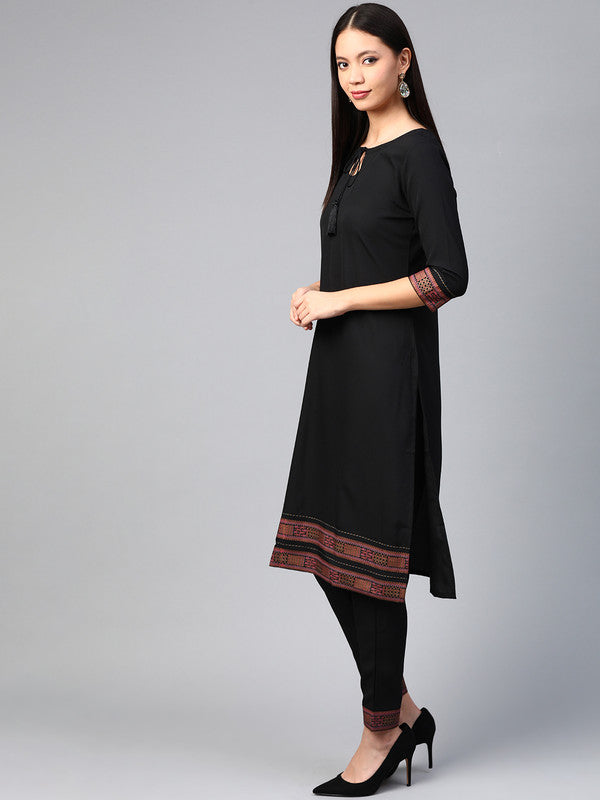 Black Coloured Premium Crep with Key Hole Neck Dori Tassel 3/4 Sleeves Geometrical Gold Border Women Designer Casual/Daily wear Straight Cut Kurti!!