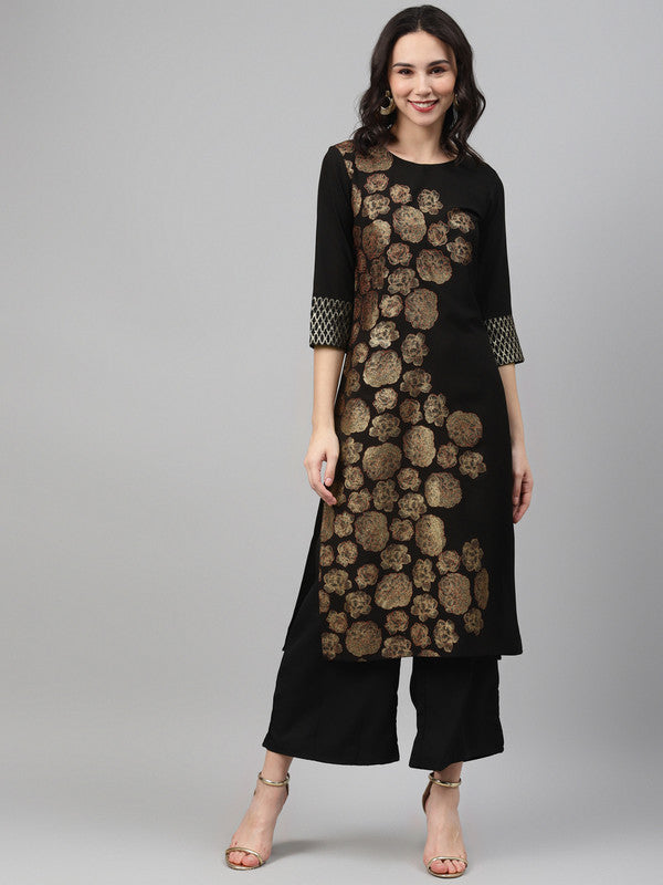 Black Coloured Premium Crep with Gold foil print Round Neck 3/4 Sleeves Side Slit Women Designer Casual/Daily wear Straight Cut Kurti!!