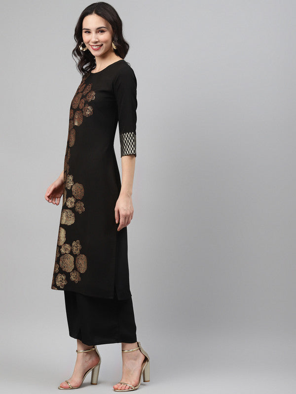 Black Coloured Premium Crep with Gold foil print Round Neck 3/4 Sleeves Side Slit Women Designer Casual/Daily wear Straight Cut Kurti!!