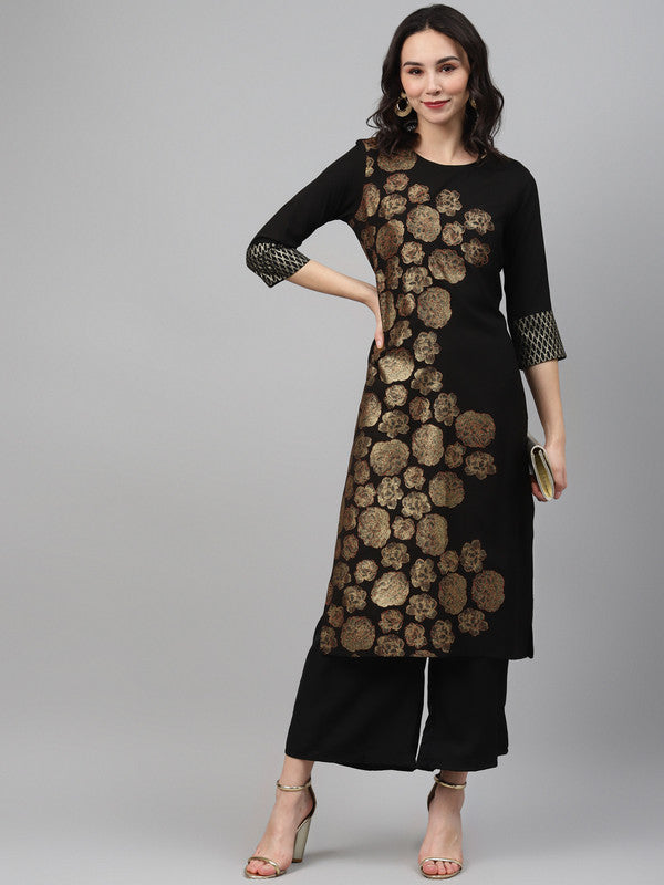 Black Coloured Premium Crep with Gold foil print Round Neck 3/4 Sleeves Side Slit Women Designer Casual/Daily wear Straight Cut Kurti!!