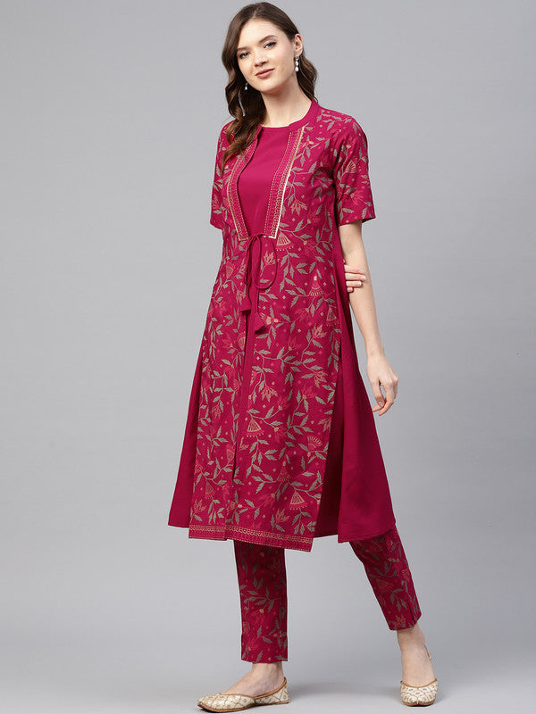 Dark Pink Coloured Premium Crep with foil print Jacket Type Tie Ups & Mandrain Collor Women Designer Casual/Daily wear  A-Line Kurti with Pant!!