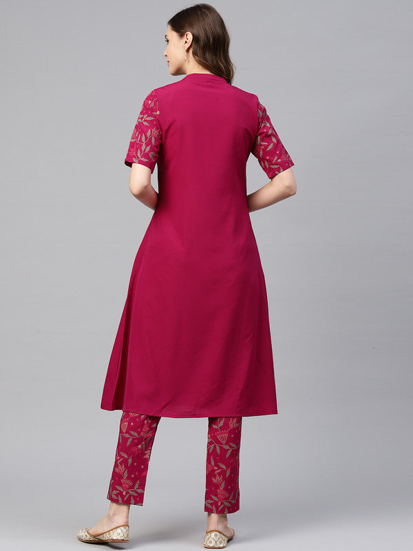 Dark Pink Coloured Premium Crep with foil print Jacket Type Tie Ups & Mandrain Collor Women Designer Casual/Daily wear  A-Line Kurti with Pant!!