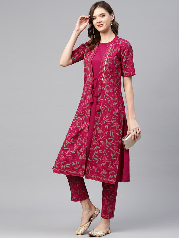 Dark Pink Coloured Premium Crep with foil print Jacket Type Tie Ups & Mandrain Collor Women Designer Casual/Daily wear  A-Line Kurti with Pant!!