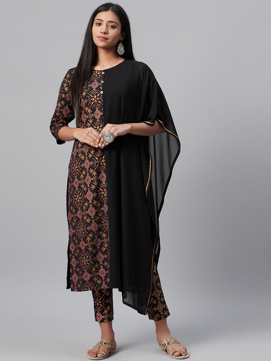 Black Coloured Premium Gerogette with foil print Round Neck Elbow sleeves Women Designer Casual/Daily wear Straight Cut Kurti with pant!!