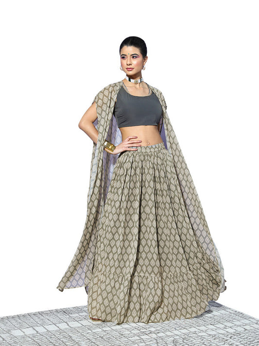 Grey Coloured Premium Gerogette with Print Round Neck Sleeveless Women Designer Party wear Top with Skirt & Dupatta Co-ords Set!!