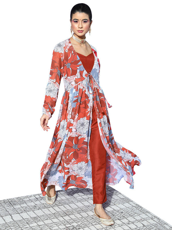 Dark Red Coloured Premium Gerogette with Print V Neck Long Sleeves Women Designer Party wear Kurti with Pant & Blouse!!