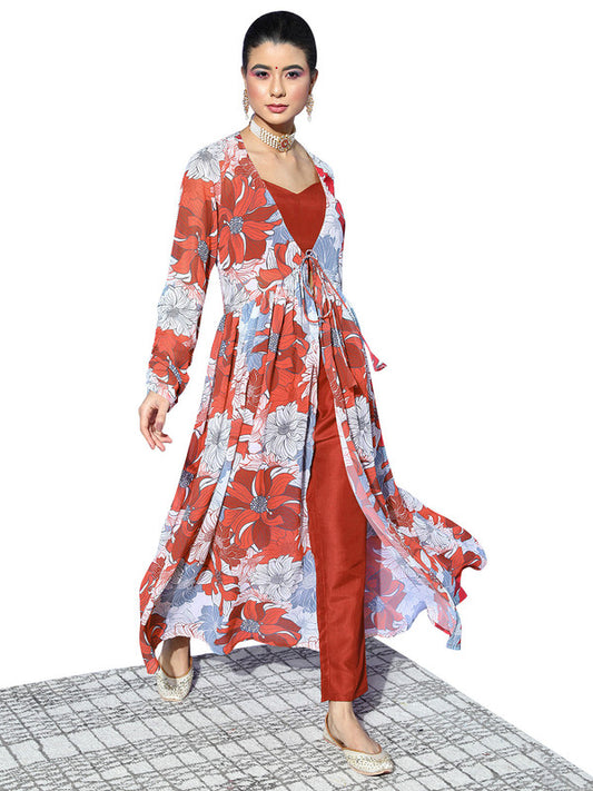 Dark Red Coloured Premium Gerogette with Print V Neck Long Sleeves Women Designer Party wear Kurti with Pant & Blouse!!
