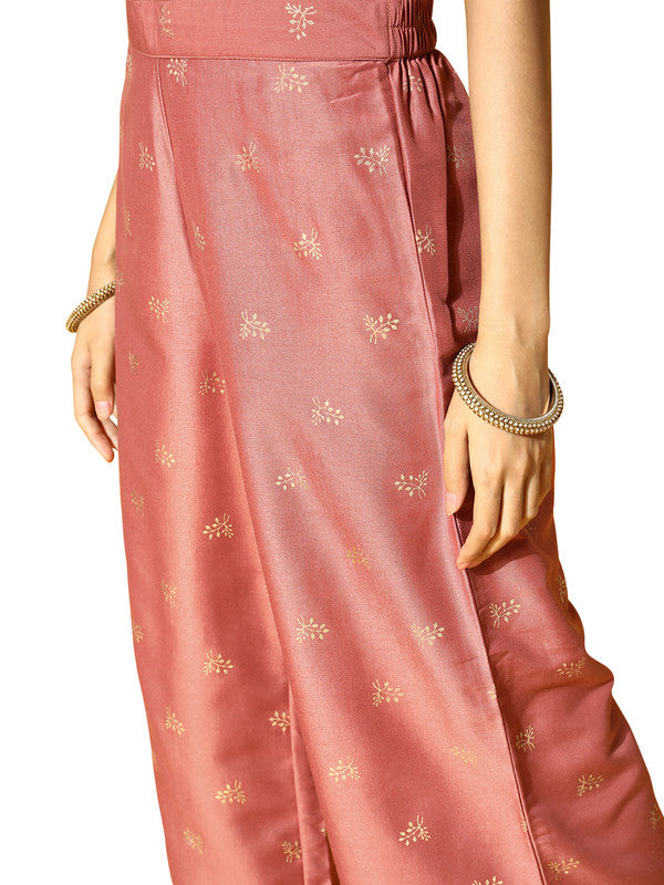Rose Coloured Premium Gerogette with Print V Neck Women Designer Party wear Kurti with Pant & Shrug!!