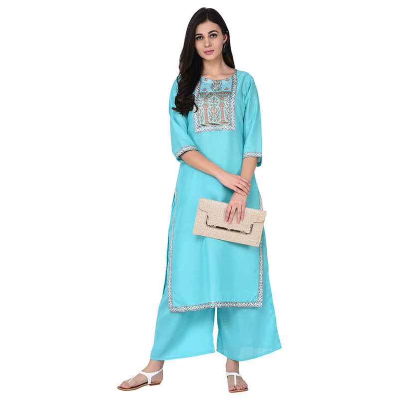 Blue Coloured Poly Silk with Print Round Neck 3/4 Sleevs Women Designer Casual/Daily wear Kurti with Palazzo!!